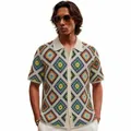 Men's stylish crochet hollow knit polo shirt with multi-color diamond pattern design - M / Tops / Khaki