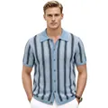 Men's light blue vertical striped knitted polo shirt with a full button-front closure - M / Tops / Blue