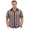 Stylish men's vintage jacquard knit polo cardigan featuring brown and white vertical stripes - M / Tops / Coffee