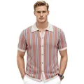 Elegant men's business casual jacquard knit polo cardigan with classic orange vertical stripes - M / Tops / Khaki