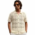 Men's cream crochet hollow-out short sleeve knit polo shirt for summer resort style - M / Tops / Apricot