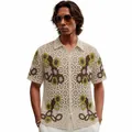 Chemise boutonnée en maille crochetée pour hommes avec broderies florales bohèmes - M / Hauts / Kaki