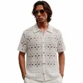 Men's white crochet hollow-out short sleeve knit shirt resort style lapel cardigan - 3XL / Tops / White