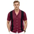 Camisa de punto de verano para hombre con cuello cubano y rayas en contraste rojo - M / Tops / Burdeos