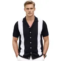 Camisa de punto para hombre con cuello cubano y rayas verticales de bloques de color - M / Tops / Negro