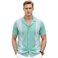 Cárdigan de punto para hombre con cuello cubano y rayas en verde menta y gris - M / Tops / Verde
