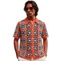 Stylish men's summer crochet knit polo shirt with orange grid hollow-out pattern - M / Tops / Red