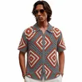 Men's retro crochet knit short sleeve shirt with geometric diamond pattern in rust and grey. - 3XL / Tops / Red & Grey