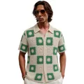 Men's stylish crochet knit checkered polo shirt featuring green and white hollow pattern - M / Tops / Apricot