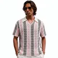 Men's retro striped crochet knit polo shirt with vintage hollow-out pattern design - 3XL / Tops / Pink