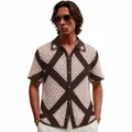Chemise en tricot à manches courtes au crochet pour hommes avec motif de losanges marron - M / Hauts / Marron