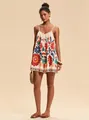 Bohemian floral print mini dress with spaghetti straps for elegant summer vacation - XS / Bottoms / White