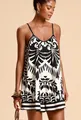 Elegant black and white geometric printed loose holiday camisole romper for women - XS / Top And Bottom / White With Black Flowers