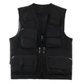Close-up of black multi-pocket outdoor vest with functional zippers and mesh lining - M / Tops / Black