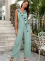 Tuta elegante a righe senza maniche con volant e fusciacca in vita, colore verde chiaro - XS / Top E Pantaloni / Verde brillante