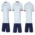 Detailed multi-angle views of white and navy blue quick-dry soccer uniform set - 4XS / Top And Bottom / White
