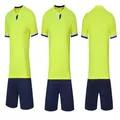 Front, side, and back views of a neon yellow quick-dry soccer training uniform set - 4XS / Top And Bottom / Fluorescent Yellow (107)