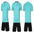 Front, side, and back views of a cyan and black soccer jersey training uniform set. - 4XS / Top And Bottom / 107 Light Green