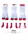 Ensemble de maillot de basket blanc avec des accents rouges et bleus sous plusieurs angles - 3XS / Haut et Bas (L036) / Blanc