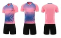 Comprehensive front and back views of pink and blue sublimation soccer jersey and black shorts - 4XS / Top And Bottom / Pink