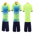 Three views of quick-dry soccer training jersey set with yellow-blue gradient print - 4XS / Top And Bottom / Fluorescent Green