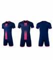 Multi-angle detail view of navy blue soccer uniform set with pink stripe patterns - 4XS / Top And Bottom / Sapphire Blue