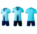 Detailed front, back, and side views of a light blue soccer jersey and shorts set - 4XS / Top And Bottom / Light Blue