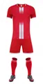 Full red soccer kit including jersey with white stripes, shorts, socks, and cleats - Red