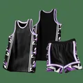 Completo da basket stile americano nero con motivi geometrici viola, maglia e pantaloncini - 3XS / Top E Pantaloni / Nero