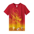 Men's red quick-dry dragon boat t-shirt featuring golden dragon and wave print - M / Tops / Red (L3303)