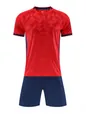 Red jacquard soccer jersey and navy shorts set for training, quick-dry fabric view. - 130 / Top And Bottom / Red