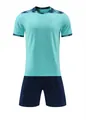 Detail view of a breathable light blue soccer jersey and navy sports shorts set - 130 / Top And Bottom / Aqua Blue