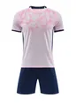Front view of pink jacquard soccer jersey set with navy blue shorts for training. - 130 / Top And Bottom / Sakura Pink