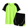 Detail view of fluorescent green and black quick-dry soccer jersey and shorts set - 16 / Top And Bottom / Fluorescent Green