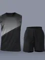 Quick-dry black and grey gradient sports vest and shorts set for running and gym - M / Top And Bottom / Black
