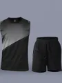 Quick-dry black and grey gradient sports vest and shorts set for running and gym - M / Top And Bottom / Black