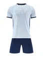 Detailed view of breathable jacquard soccer jersey and shorts in white and navy blue - White
