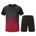 Men's quick-dry sports set featuring black-red gradient T-shirt and black athletic shorts. - M / Top And Bottom (6801) / Red & Black