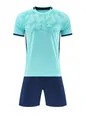 Detailed front view of cyan soccer jersey set with jacquard pattern and navy shorts - 130 / Top And Bottom / Aqua Blue