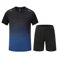Men's quick-dry sports set with blue gradient ice silk T-shirt and black shorts - M / Top And Bottom (6801) / Black Blue