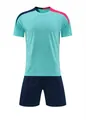 Turquoise and navy blue soccer training uniform set featuring pink shoulder accents - Cyan Blue
