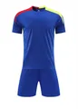 Detailed front view of a blue soccer training kit set with red and yellow shoulder accents - 130 / Top And Bottom / Royal Blue