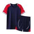 Close-up detail of navy and red quick-dry soccer uniform set for men's sports training - 16 / Top And Bottom / Sapphire Blue