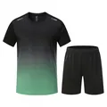 Men's quick-dry sports set featuring a black-green gradient t-shirt and black shorts - M / Top And Bottom (6801) / Black Green