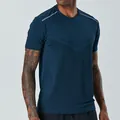 Dark blue men's quick-dry sports t-shirt with reflective strips and breathable mesh fabric - M / Tops / Dark Blue