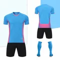 Lake blue and pink short-sleeved soccer jersey set with black shorts and matching socks - 4XS / Top And Bottom / Lake Blue