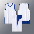 American style narrow shoulder basketball jersey set in white and royal blue colors - 3XS / Top And Bottom / White Blue