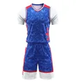 Short-sleeved basketball jersey and shorts set with blue geometric print on mannequin - S / Top And Bottom / Royal Blue