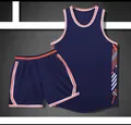 Navy blue sleeveless basketball jersey and shorts set with orange and white geometric accents - Navy Blue