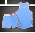 Macro view of breathable light blue basketball jersey and shorts with side stripes - Sky Blue